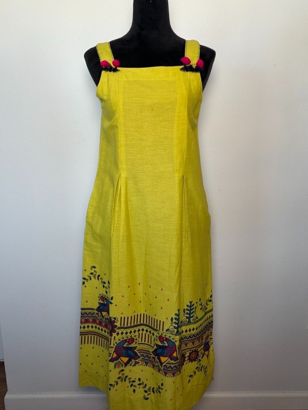 Medium Chartreuse 100% Cotton Madhubani Folk Print Pom Pom Maxi Dress Max India